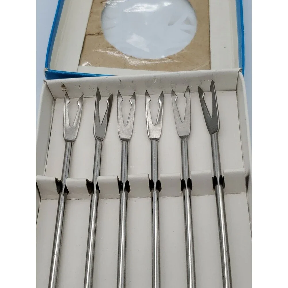MCM Stainless Steel Japan Fondue Forks Color Coded Teak Wood Handles NIB 6 Piece